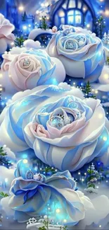 Snowy landscape with blue and white roses in a magical setting.