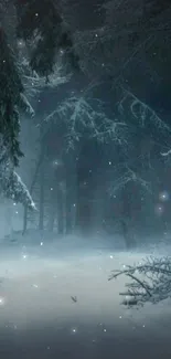 Enchanted winter forest with snowy trees and sparkling night snowfall.