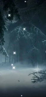 A snowy nighttime forest with sparkling stars in a tranquil setting.