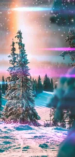 Snow-covered forest with vibrant lights and ethereal winter scenery.