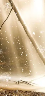 Golden light and snowflakes in a serene winter forest wallpaper.