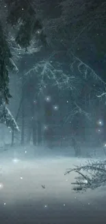 Enchanted winter forest with snow and twinkling lights.