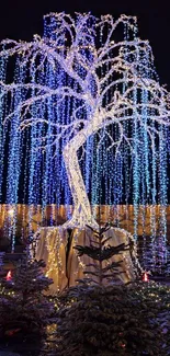 Stunning blue-lit tree at night with a mystical glow.