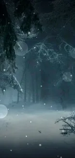 Snowy forest at night with falling snowflakes.