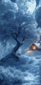Snow-covered tree and cabin under moonlight in peaceful winter night.