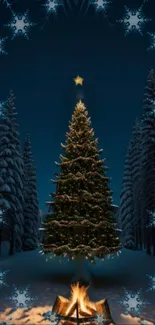 Decorated Christmas tree in snowy forest with a campfire.