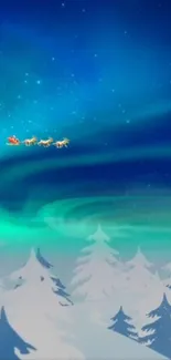 Santa's sleigh under an aurora-lit sky