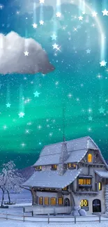 Enchanted cottage beneath a starry teal sky with snow and twinkling stars.