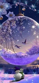 A magical winter globe with snow and birds creating an enchanting scene.