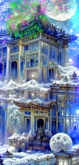 Mystical blue winter palace wallpaper with moonlit sky.