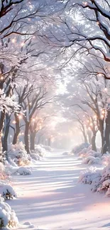 Snowy forest pathway with twinkling lights and overarched tree branches.