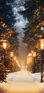 Snowy pathway with glowing streetlamps and festive lights in winter forest.