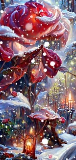 Enchanted scene of glowing roses in a snowy winter forest with warm lanterns.