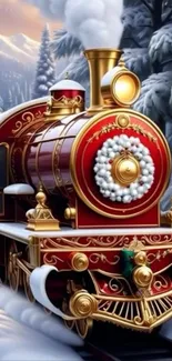 Vintage steam train in a snowy winter landscape with elegant details.