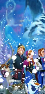 Enchanted winter forest with animated characters, snow, and magic.