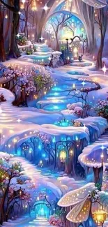 Enchanting winter forest path with glowing lights and snow.