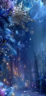 Enchanted winter wonderland with snowflakes and mystical forest.