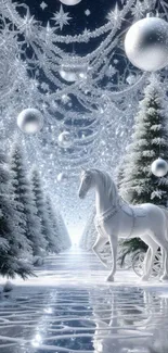 Majestic horse in a snowy winter wonderland with decorated trees.