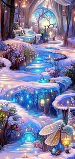 Enchanting winter wonderland wallpaper with glowing paths and whimsical trees.