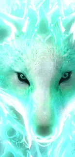 Enchanting teal glowing wolf on dynamic black background wallpaper.