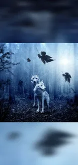 Mysterious blue forest with wolves and falling leaves.