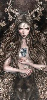 Mystical woman with antlers and wolf in dark fantasy art.