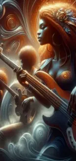 Surreal artwork of women playing guitars in a vibrant, fantasy scene.