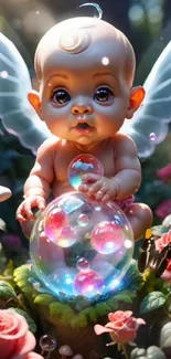 Angel baby with wings surrounded by roses and glowing bubbles.