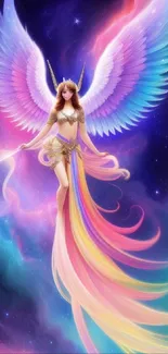 A colorful angel with vibrant wings in a celestial fantasy setting.