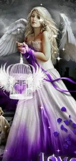 Enchanting angel in white and purple fantasy scene.