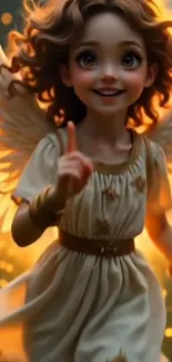 Whimsical angel with wings in golden light setting.