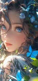 Anime girl with blue butterflies and green leaves in enchanting artwork.