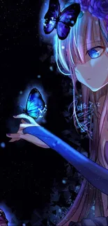 Anime girl with glowing blue butterflies on a dark background.