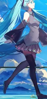 Anime character with teal hair walking against a blue sky.