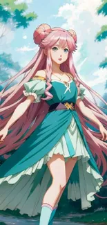 Anime character with pink hair in a teal dress in a magical forest scene.