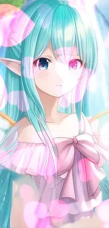 Anime elf artwork with vibrant teal colors and fantasy elements for mobile wallpaper.