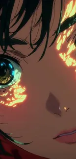 Close-up of an anime character's face with glowing eyes.
