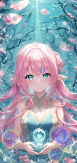 Anime fairy with pink hair holding a glowing orb underwater.