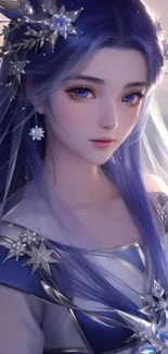 Enchanting anime character with blue hues in fantasy setting.