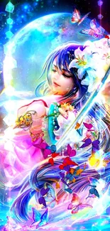 Anime warrior with butterflies in neon colors.