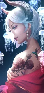 Anime character with jellyfish and floral tattoos in a mystical setting.