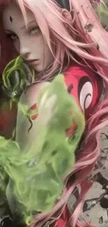 Enchanting anime character with vibrant pink hues and mystical aura.