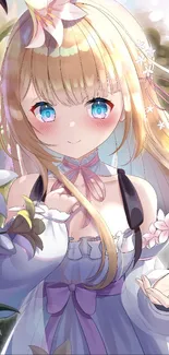 Anime girl with blue eyes surrounded by pastel flowers, wearing a lavender dress.