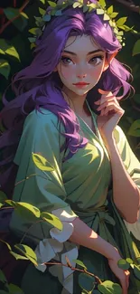 Anime girl with purple hair amidst forest foliage.