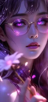 Anime girl with purple glasses and flower in enchanting art.