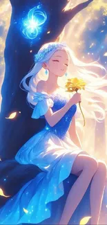 Anime girl with flowers in a magical forest setting.