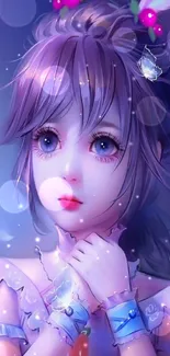 Enchanting anime girl with butterflies in purple hues.