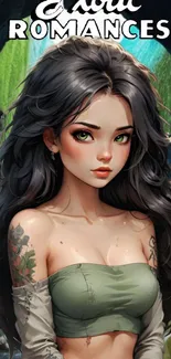 Anime girl with tattoos and green eyes on a dark themed wallpaper.