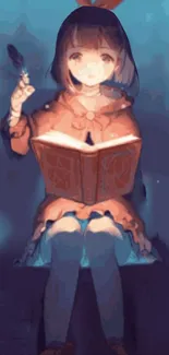 Anime girl reading a book in a mystical blue setting for mobile wallpaper.