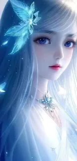 Anime girl with blue butterflies and ethereal glow.